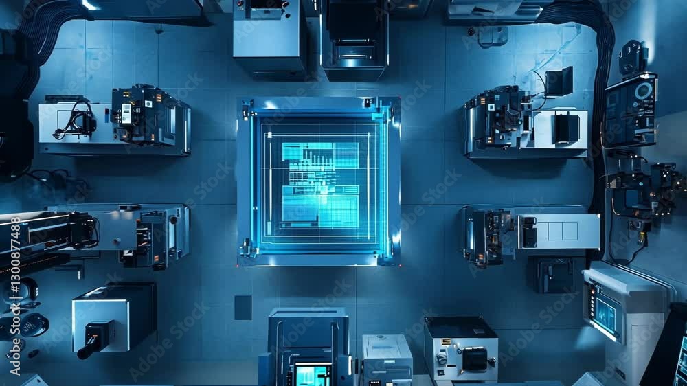 Poster high tech laboratory showcasing cutting edge technology and equipment, featuring an overhead view of