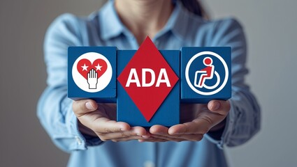 Man holding blocks with icons sees abbreviation: ADA. ADA Americans with Disabilities Act concept