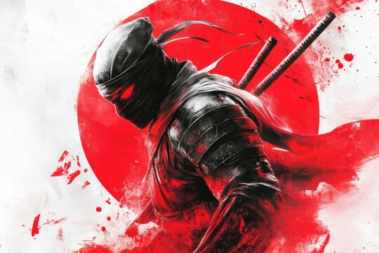 A flat 2D illustration of a ninja in a dramatic fighting pose, with bold black outlines and subtle red accents on a clean white canvas