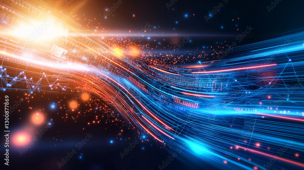 Poster vibrant abstract background featuring glowing neon blue and red lines, creating dynamic flow of ligh
