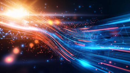 Obraz premium Vibrant abstract background featuring glowing neon blue and red lines, creating dynamic flow of light and energy. This visually striking image evokes sense of movement and technology