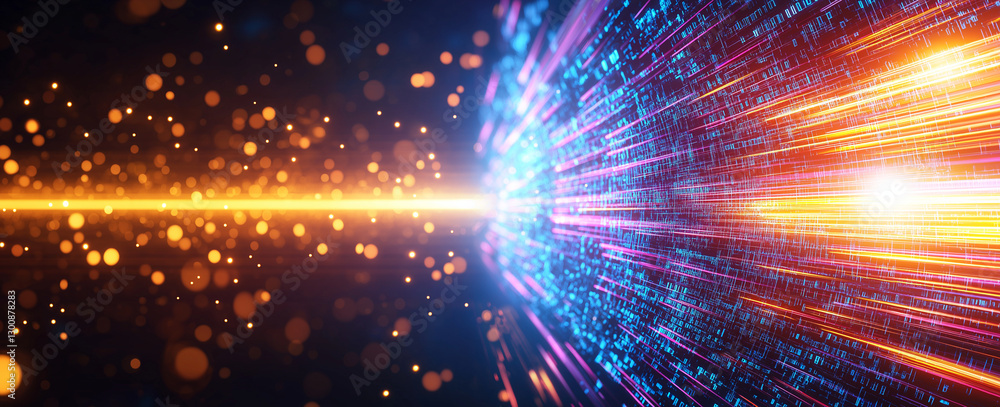 Poster digital glowing background with vibrant light streaks and particles, creating futuristic atmosphere.
