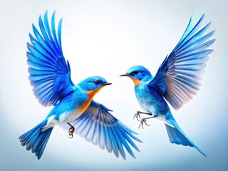 Obraz premium Blue Birds Flying, White Background, Avian Flight, Sky, Nature Photography, Wildlife, Birds in Flight, Two Birds, Conceptual Photography, Free EPS Download