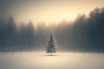 Naklejka premium A snowy winter scene featuring a solitary evergreen tree