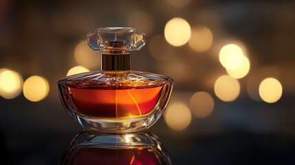 A bottle of luxury perfume with light reflecting on its glass