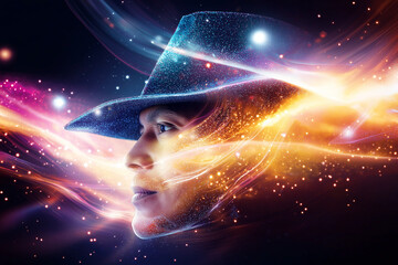 captivating abstract illustration featuring shamanic figure adorned with sparkling hat, surrounded by vibrant cosmic swirls and luminous particles, evoking sense of mysticism and wonder