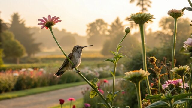 Graceful hummingbird resting on a flower stem with a tranquil mood in a blossoming garden landscape
