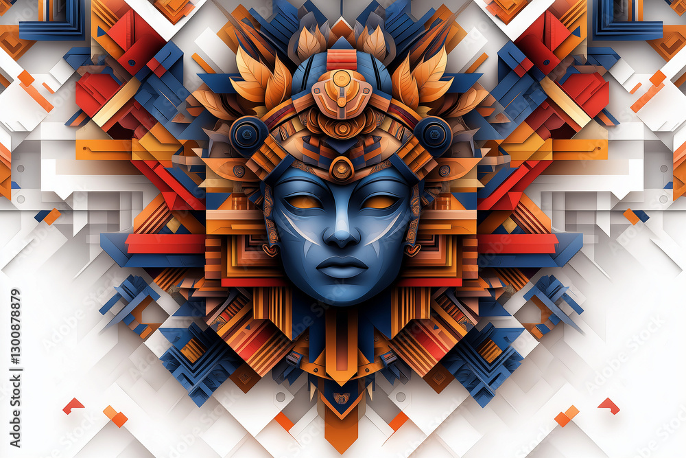 Poster abstract illustration featuring stylized face with intricate geometric patterns and vibrant colors. 