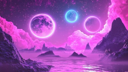 Experience the allure of a dreamlike, neon-lit space landscape.