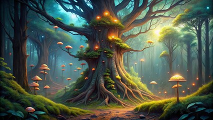 Fototapeta premium Enchanted Forest Path Leading to an Ancient, Glowing Tree with Luminescent Mushrooms