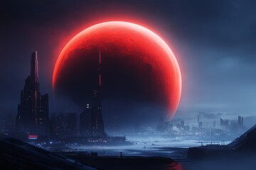 A futuristic city under a lunar eclipse, with neon lights contrasting the natural red glow of the moon