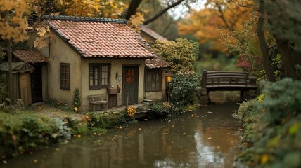 Miniature House by Autumnal River with Wooden Bridge