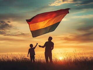 Sunset Father Son Kite Field Silhouette