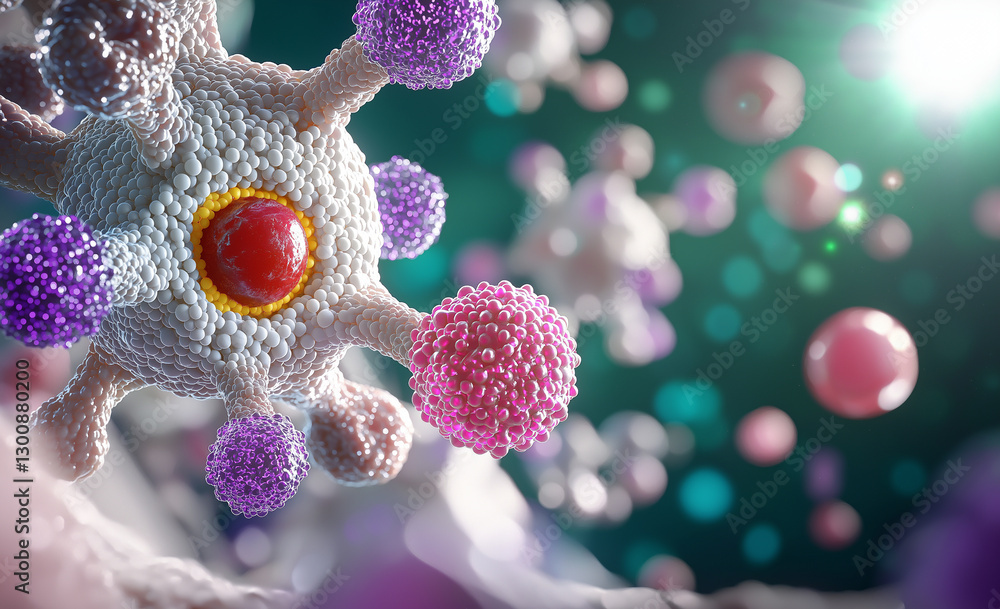 Poster close up of human cell with colorful structures, showcasing intricate details of cellular components