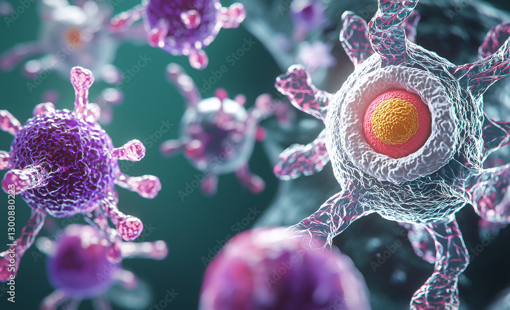 Poster close up of human cells under electron microscope, showcasing intricate details and vibrant colors. 