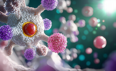 Close up of human cell with colorful structures, showcasing intricate details of cellular components and surrounding particles, highlighting complexity of life