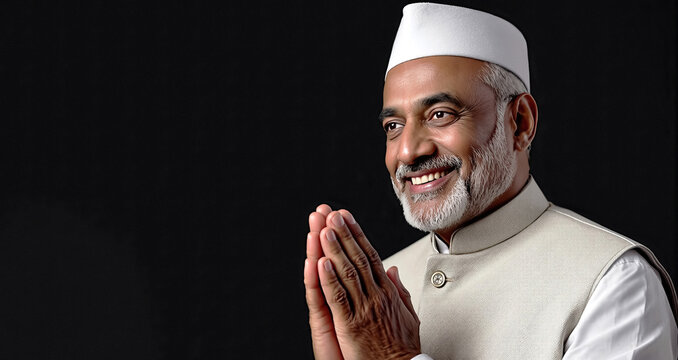 Mature Indian politician man in white cap and beige vest smiling and greeting standing against dark backdrop
