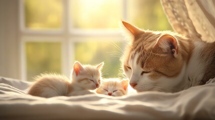 Obraz premium A serene moment of a mother cat and her adorable kittens resting together peacefully.