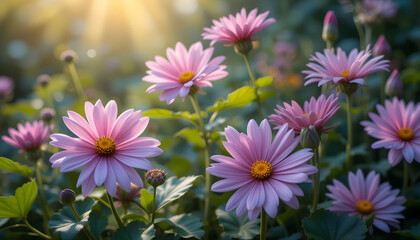 Obraz premium Pink Daisies Blooming Under Sunlight in a Lush Garden Setting