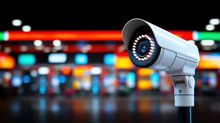 CCTV outdoor, Surveillance camera against a blurred, colorful background, emphasizing security and monitoring technology.