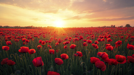 Obraz premium captivating poppy field at dusk with sun casting warm glow