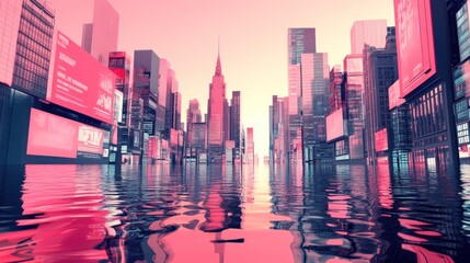 Fototapeta premium Flooded city street at sunset, skyscrapers and billboards reflected in water.