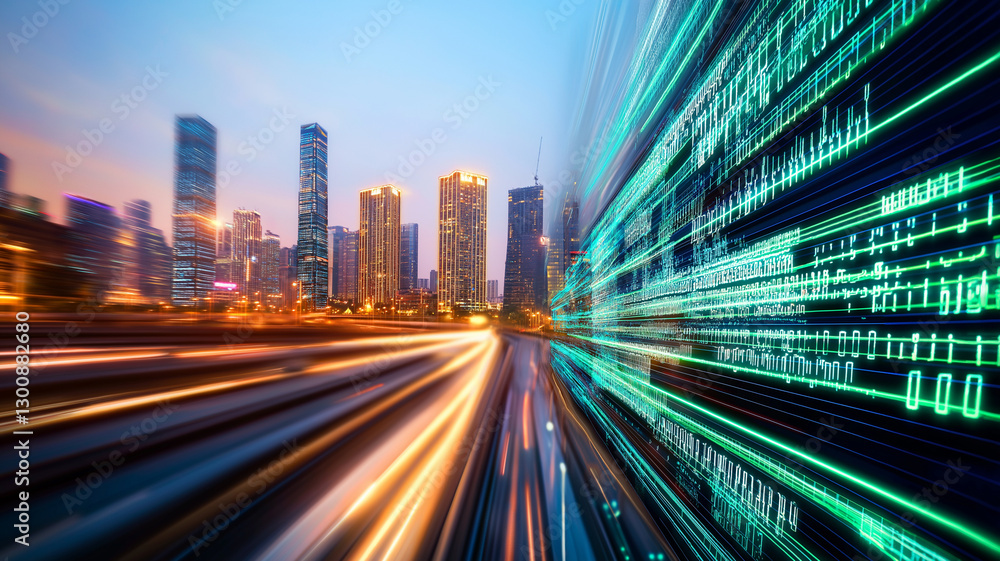 Poster vibrant city skyline at dusk, with illuminated skyscrapers and dynamic light trails representing dat
