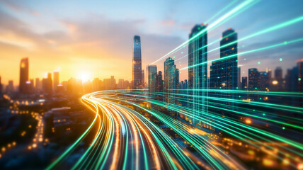 Fototapeta premium vibrant city skyline at sunset, showcasing illuminated buildings and dynamic light trails. scene captures essence of urban life and technological advancement
