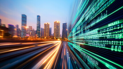 Fototapeta premium vibrant city skyline at dusk, with illuminated skyscrapers and dynamic light trails representing data flow, creating futuristic atmosphere