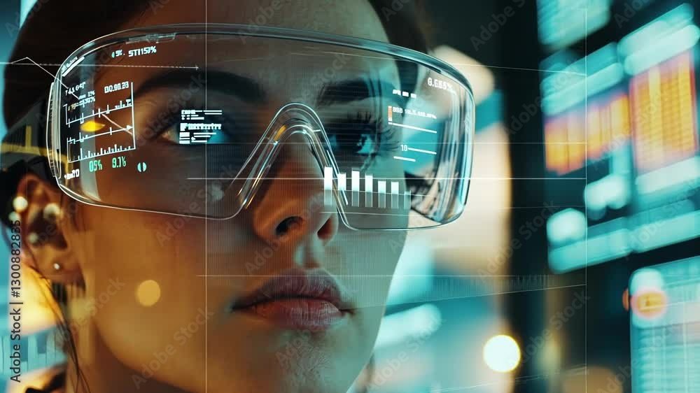 Poster scientist wearing advanced augmented reality goggles examines complex data on digital screens, highl