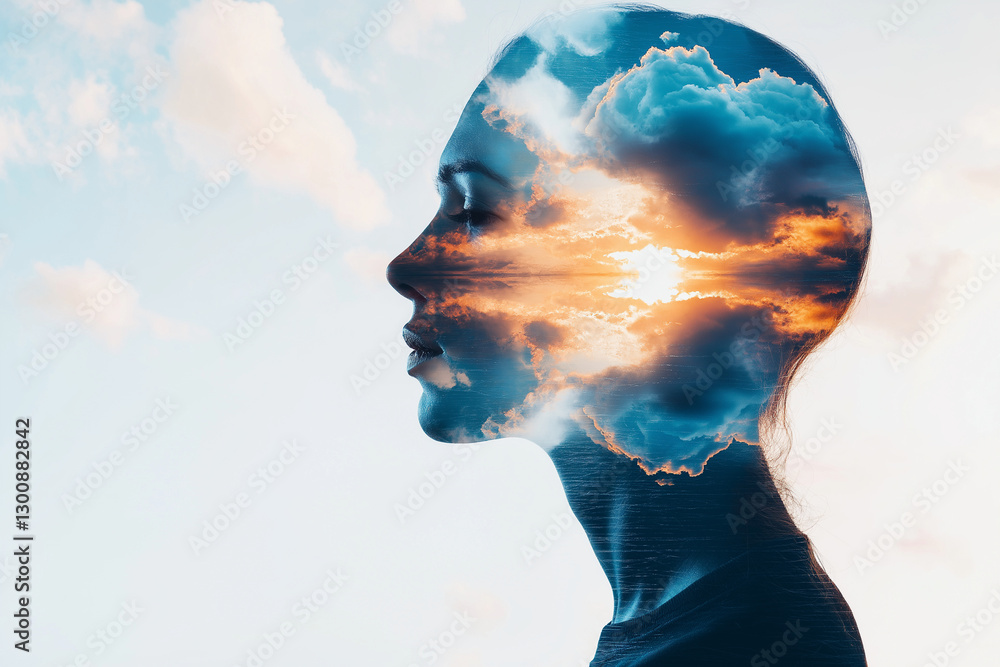 Poster double exposure image featuring woman profile blended with clouds and sunset, creating surreal and d
