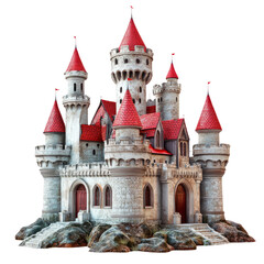 a fantasy castle with red roof, isolated on white background