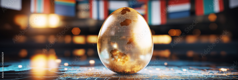 Poster golden egg featuring world map stands prominently against backdrop of colorful flags, symbolizing gl