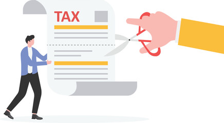 Successful businessman cuts heavy taxes with scissors. Tax deduction. Concept of tax return, optimization,

