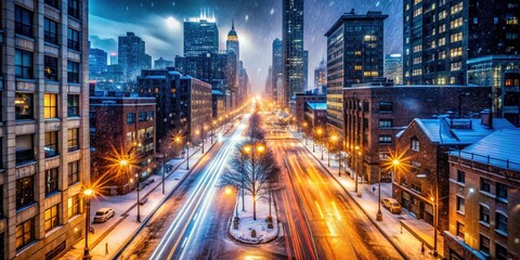 Fototapeta premium Chicago West Loop Snow Aerial Long Exposure Photography - City Street Winter Nightscape