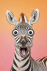 Surprised zebra shows big eyes in colorful backdrop. Generative AI