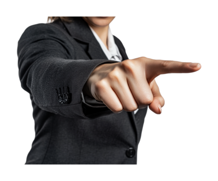 Confident businesswoman pointing to emphasize a point during a meeting or presentation with a professional demeanor and focus, cut out