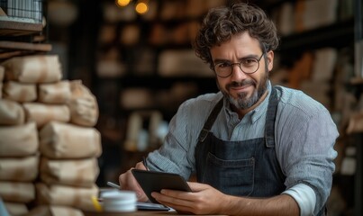 A man working at a desk with a tablet in a warehouse.