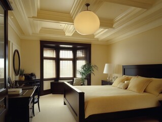 Elegant bedroom with coffered ceiling, bay window, and king-size bed.