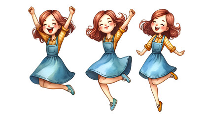 Watercolor Clipart set of Funny Happy Woman Jumping. Watercolor clipart illustration isolated on a white background