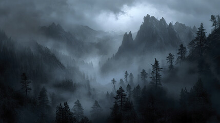 chilling dark landscape with jagged mountains and misty forest