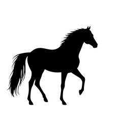 Stylized black silhouette of a horse in motion on white background, artistic illustration concept