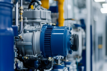 Obraz premium Industrial machinery detail with blue and silver components, showcasing precision engineering and complex systems in a modern, controlled environment.