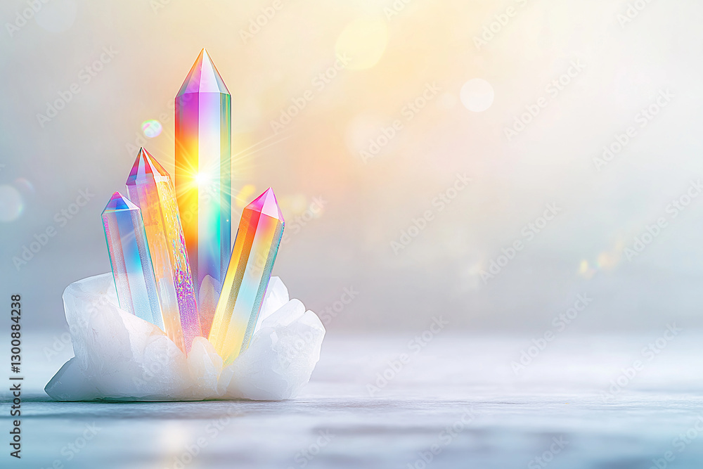 Poster holographic rainbow light refracting through crystal points on soft white surface creates serene and
