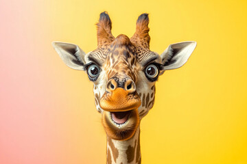 Obraz premium Surprised giraffe with big eyes gazes at the viewer. Generative AI