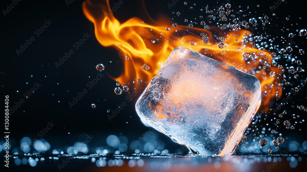 Poster melting ice cube surrounded by flames and water droplets, creating dramatic contrast of fire and ice