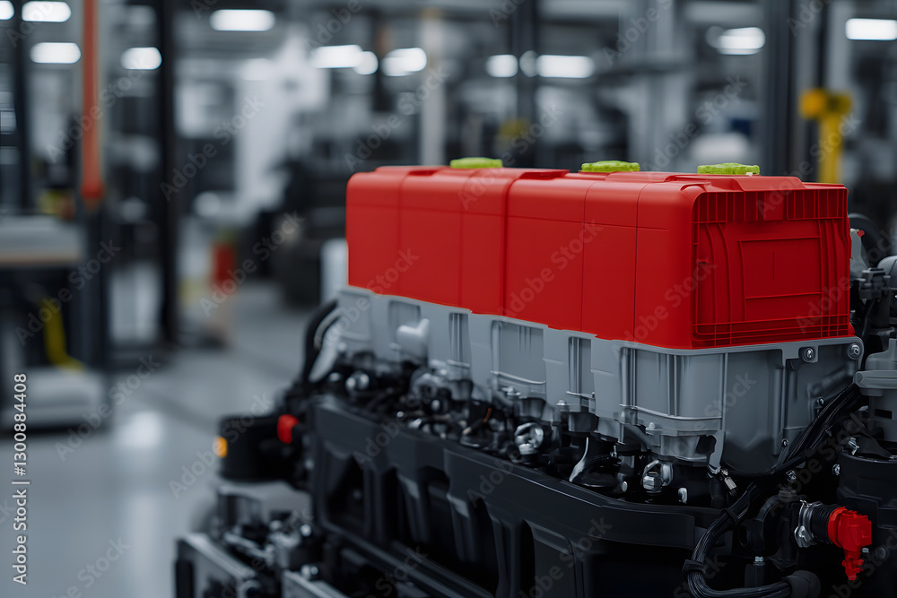 Poster engine block with colorful components, showcasing meticulous design and precision engineering in a f