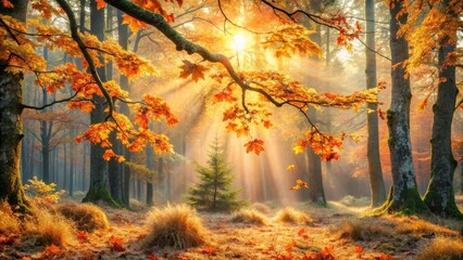 Autumnal Sunlight Illuminates a Mystical Forest Scene with Golden Leaves and a Solitary Evergreen