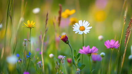 Fototapeta premium Close-up of a vibrant meadow filled with colorful wildflowers in full bloom showcasing nature's beauty and tranquility capturing the essence of a summer day