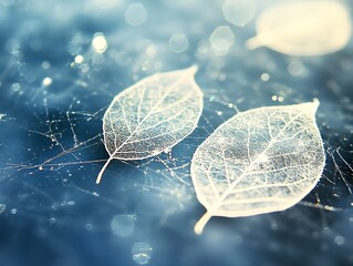 Translucent leaf skeletons on a delicate web amidst dreamy bokeh light